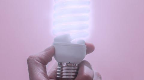 A hand holds up a lit low energy bulb.