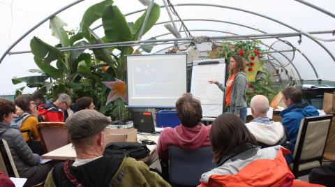 Attending the National Permaculture Convergence like this one in Hulme Community Garden Centre in 2018 is a great way to study Permaculture. Photo: Sarah Cossom - https://www.flickr.com/photos/permaculture-association Students gather around a presentation with plants in the background