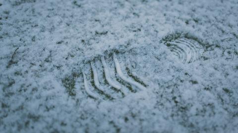 Shoe footprint in the snow on grass