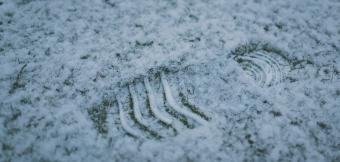 Shoe footprint in the snow on grass