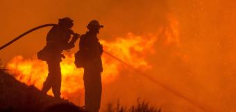 Firefighters use a hose to control a wildfire