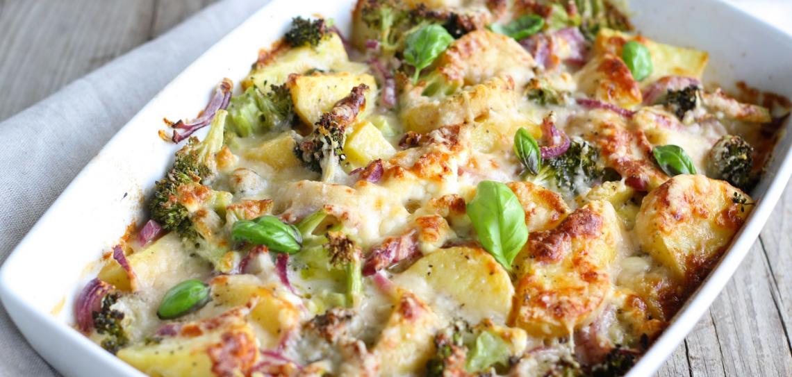 An oven bake made with leftover potatoes, broccoli and onions.