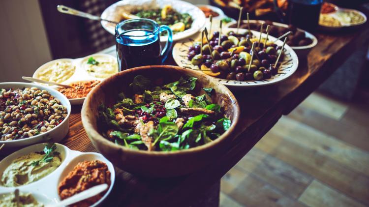 A buffet of vegan food.