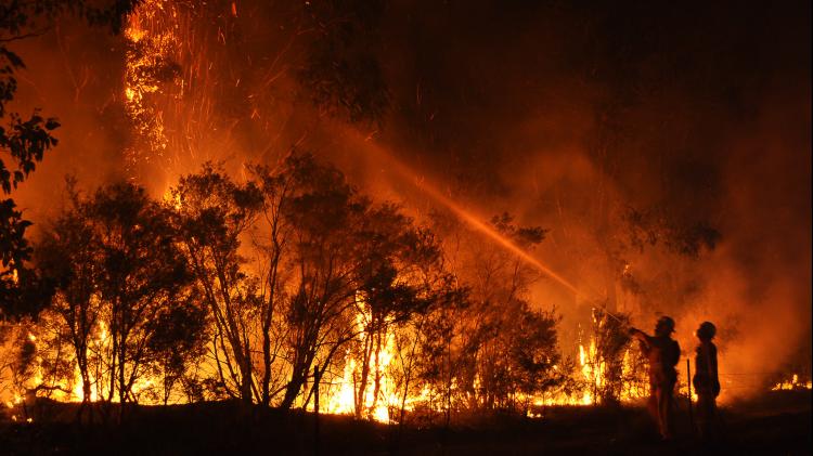 Wildfire with people standing in the foreground