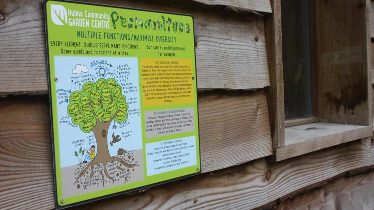 Permaculture is a design methodology for sustainable human habitats that takes inspiration from the form and dynamics of natural systems.. National Permaculture Convergence - flickr.com/permaculture-association Sign on the side of a wooden building outline permaculture