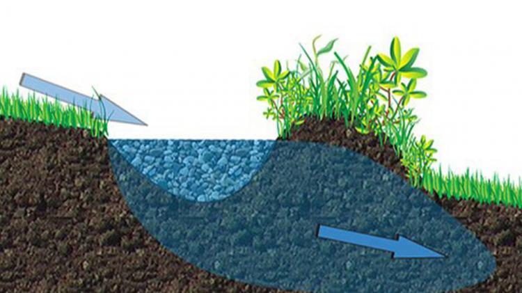 Swales create natural water retention areas. Photo: Adrian Buckley - http://permaculture.org.au/2010/05/20/water-harvesting-and-storage/ Graphic depicting water retention in a swale